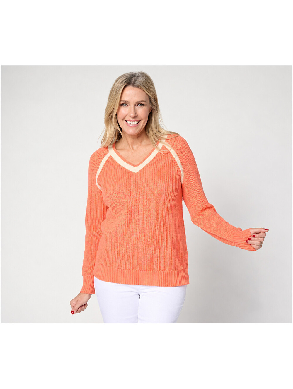 Belle by Kim Gravel Country Club Shaker Knit V-Neck Sweater Orange Sorbet, 2X